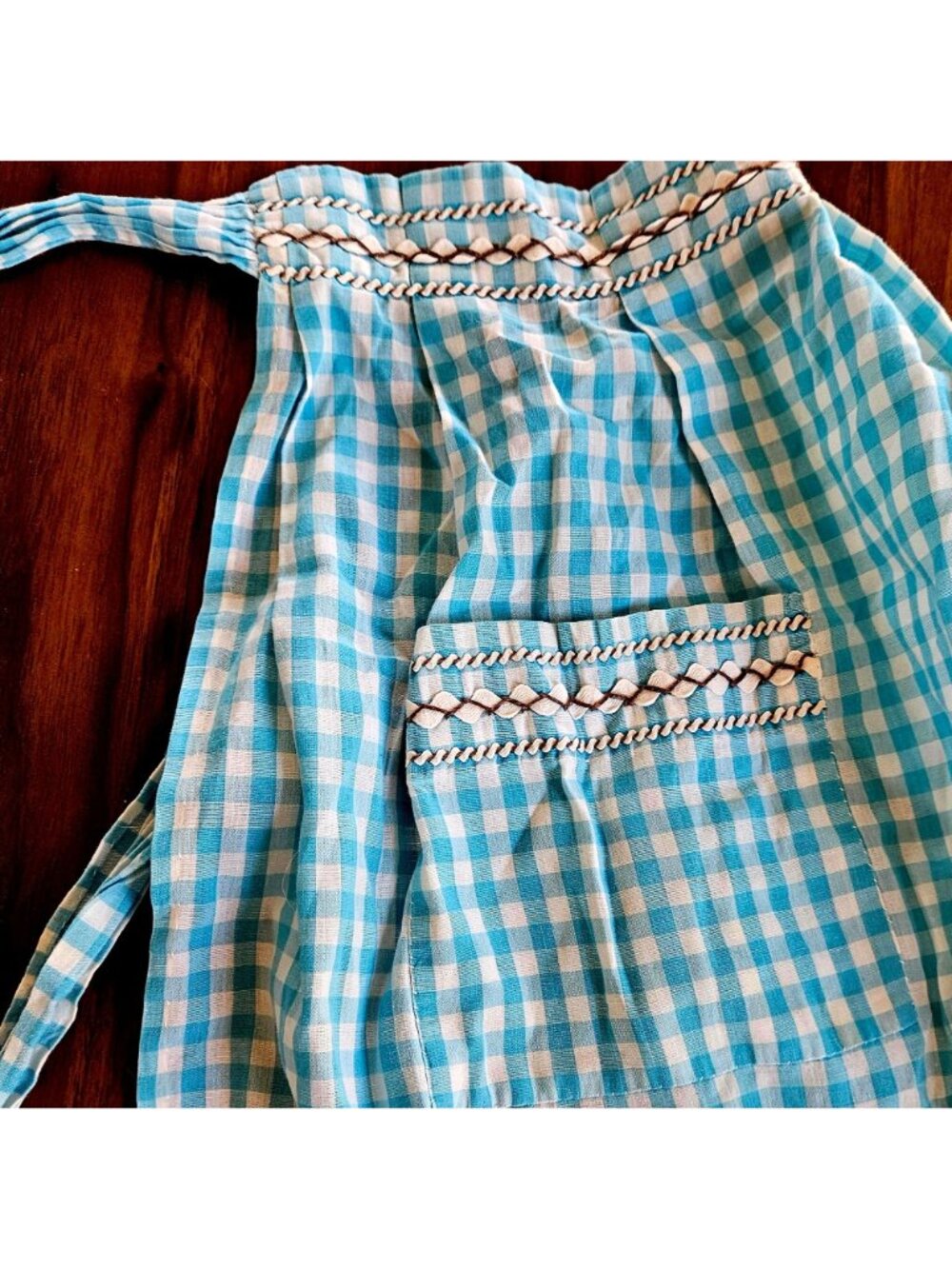Vintage Handmade Turquoise Gingham Half Apron Hand Embroidery Rickrack Cotton - Picture 6 of 16